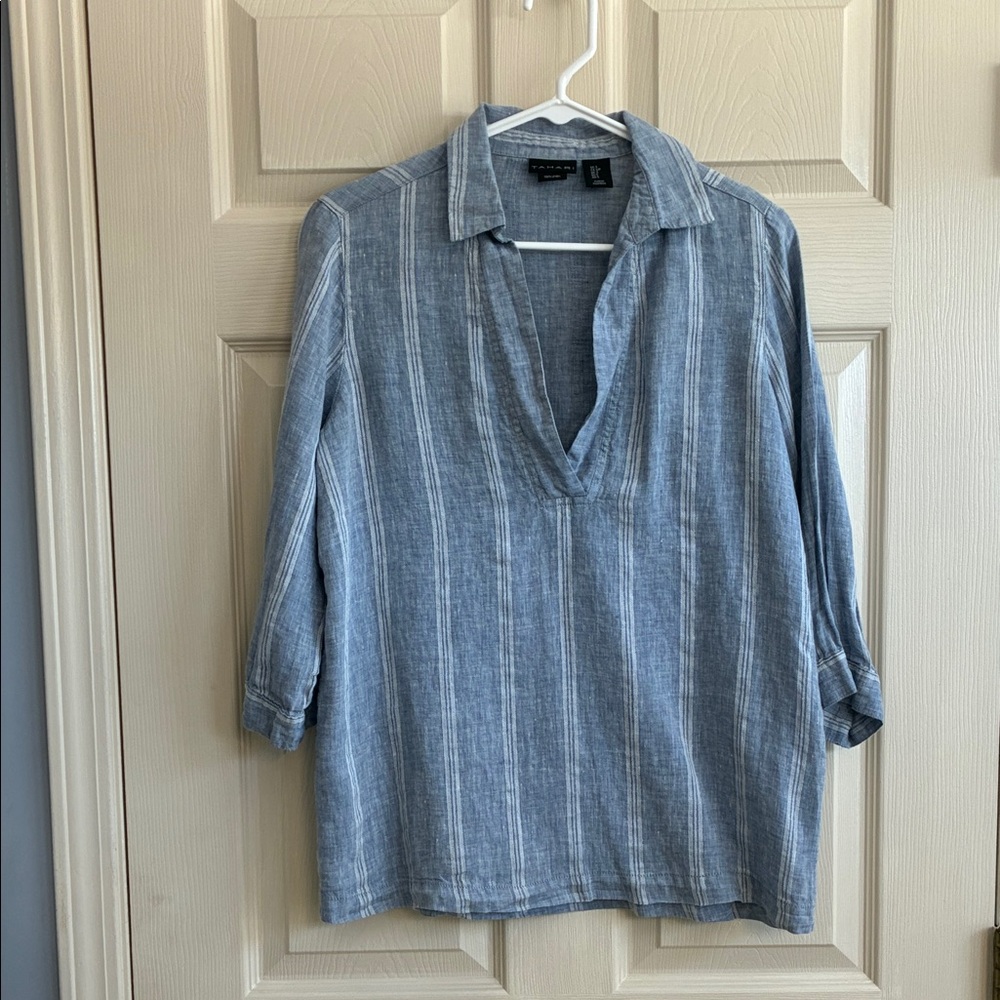Tahari Light Blue Linen Top